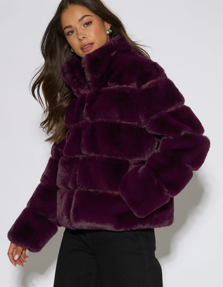 Plum Panelled Funnel Neck Faux Fur Jacket