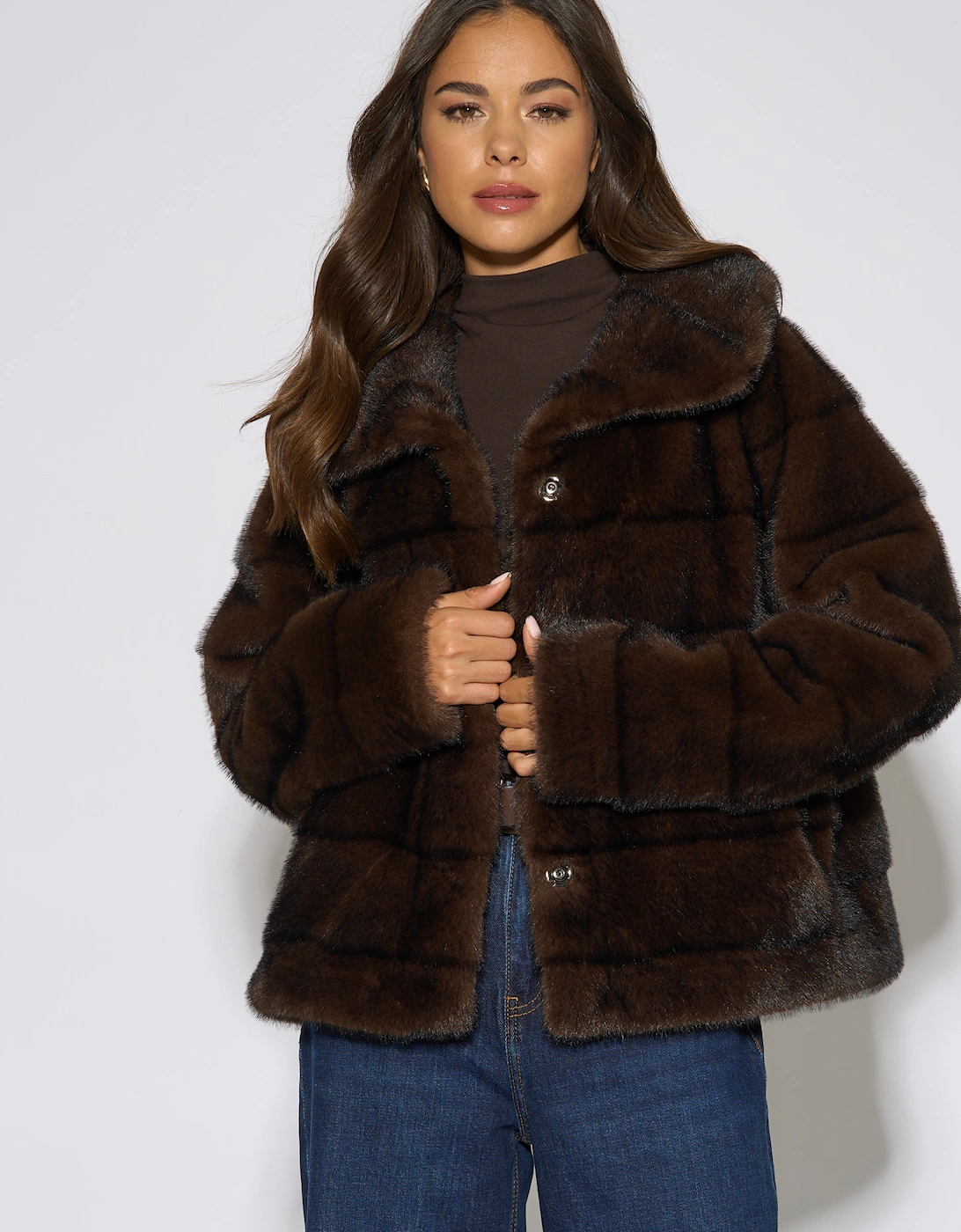 Gini London Women's Brown Panelled Faux Fur Jacket - Size 12/14