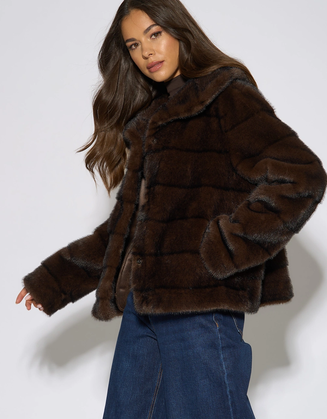 Brown Panelled Faux Fur Jacket