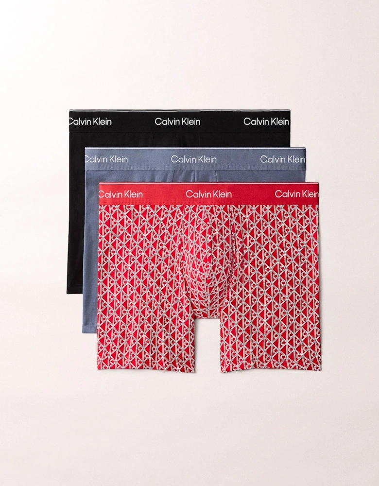 Calvin Klein 3 Pack Icon Cotton Stretch Mens Boxer Briefs - Black/Prep Emblem Goji Berry/Grisai