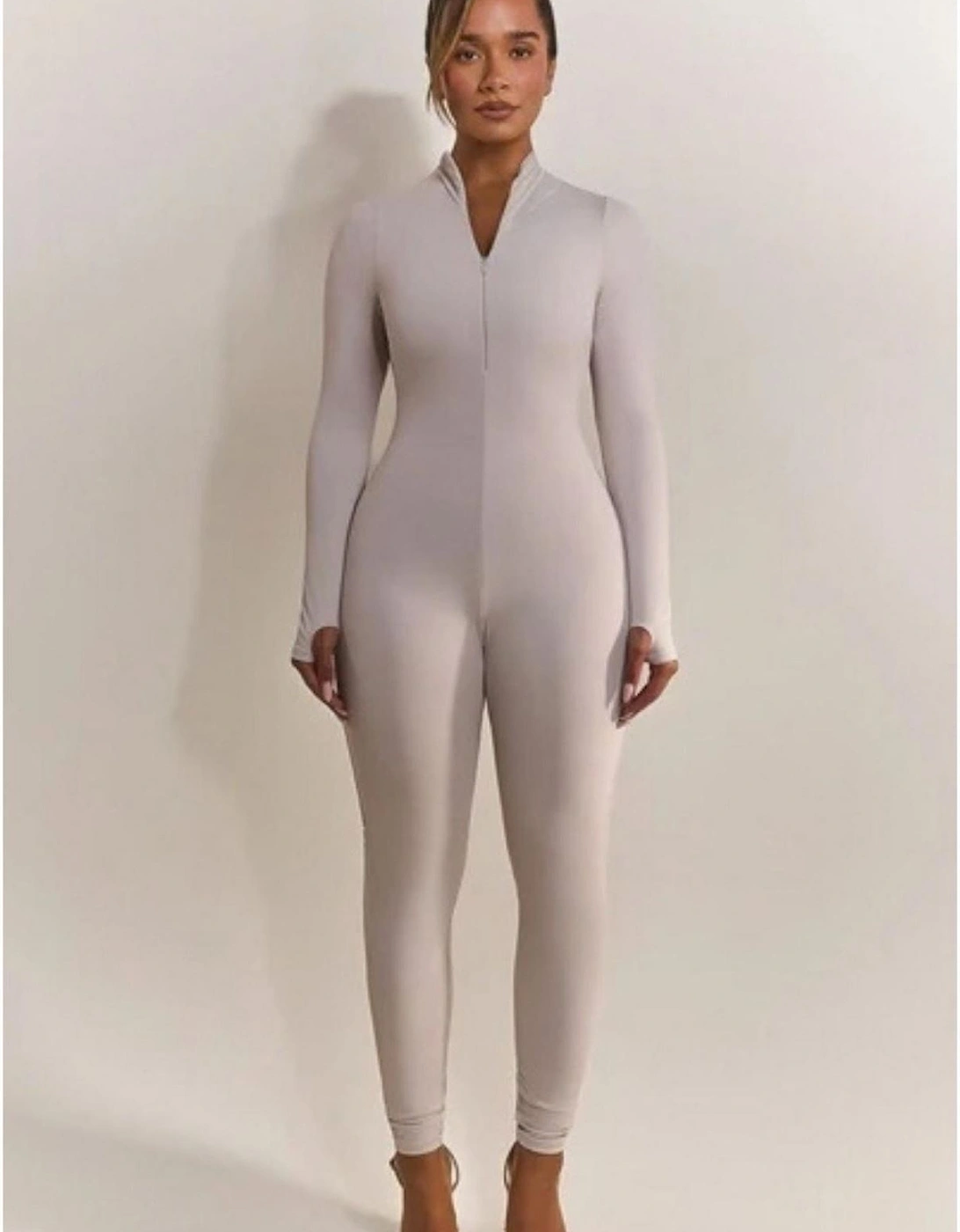 Contour Solid Long Sleeve Quarter Zip Up Jumpsuit