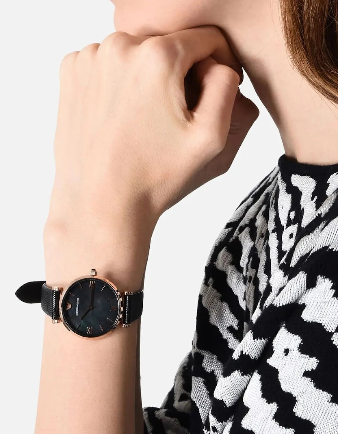 Emporio Armani AR11060 Black Leather Mother of Pearl Ladies Watch