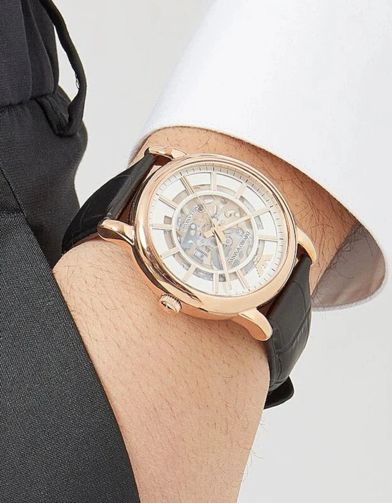 Emporio Armani AR60007 Skeleton Automatic Black Leather Men's Watch