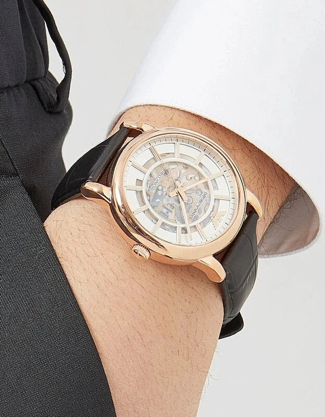 Emporio Armani AR60007 Skeleton Automatic Black Leather Men's Watch