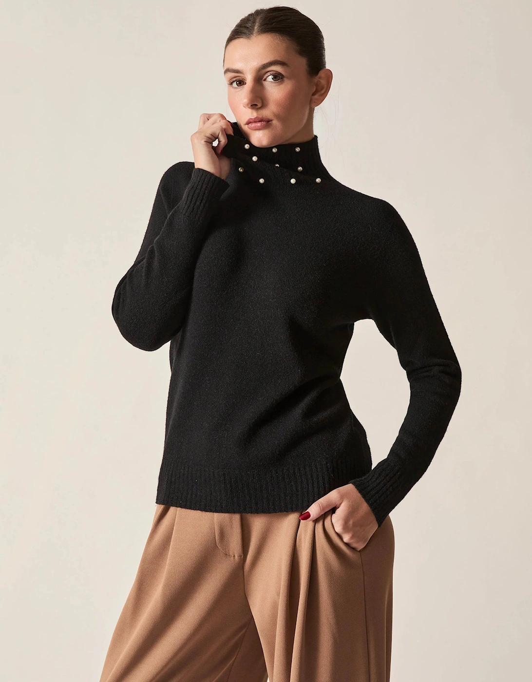 Black Pearl-Embellished High-Neck Jumper