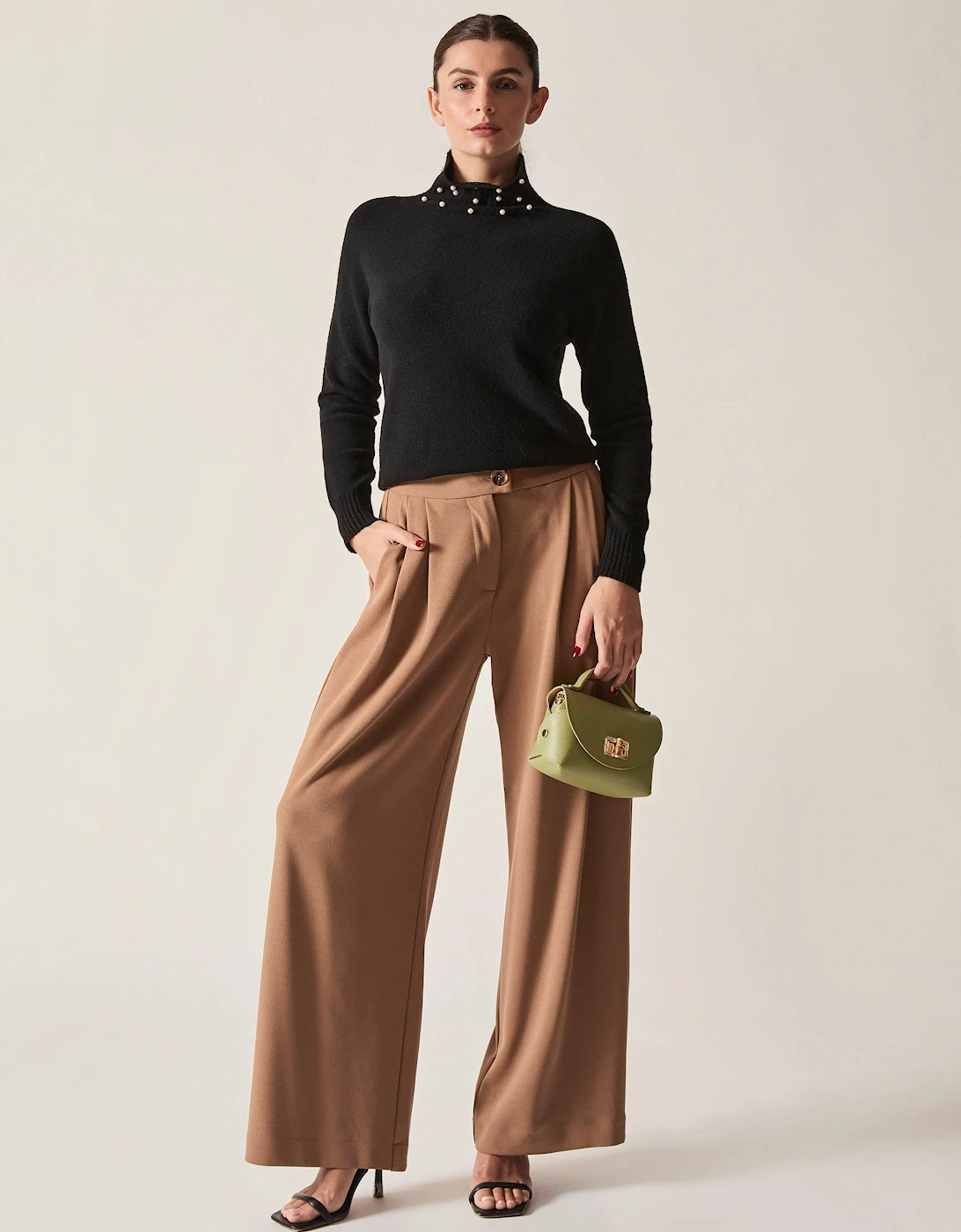 Black Pearl-Embellished High-Neck Jumper
