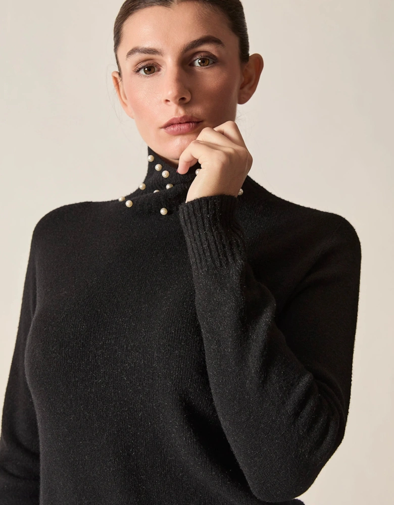 Black Pearl-Embellished High-Neck Jumper