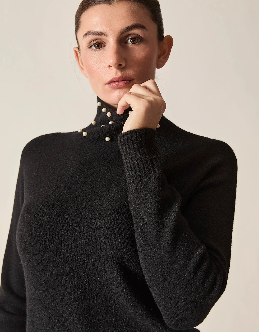 Black Pearl-Embellished High-Neck Jumper