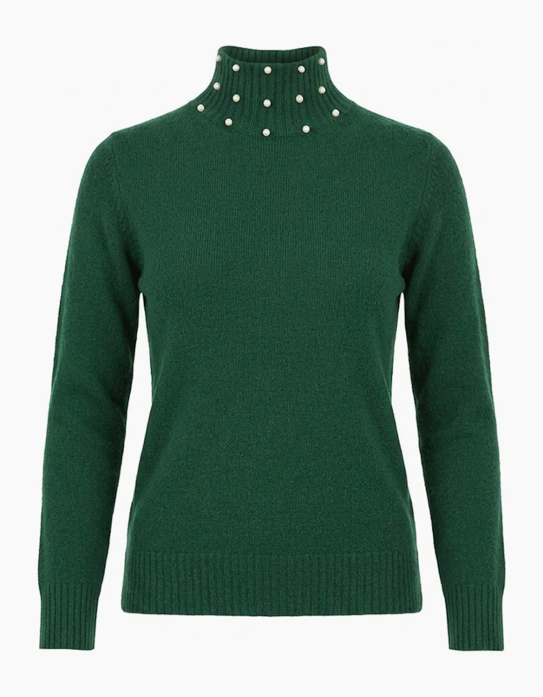 Green Pearl-Embellished High-Neck Jumper