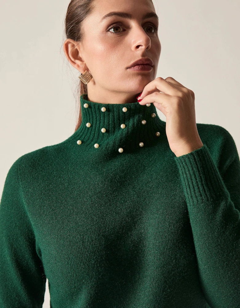 Green Pearl-Embellished High-Neck Jumper