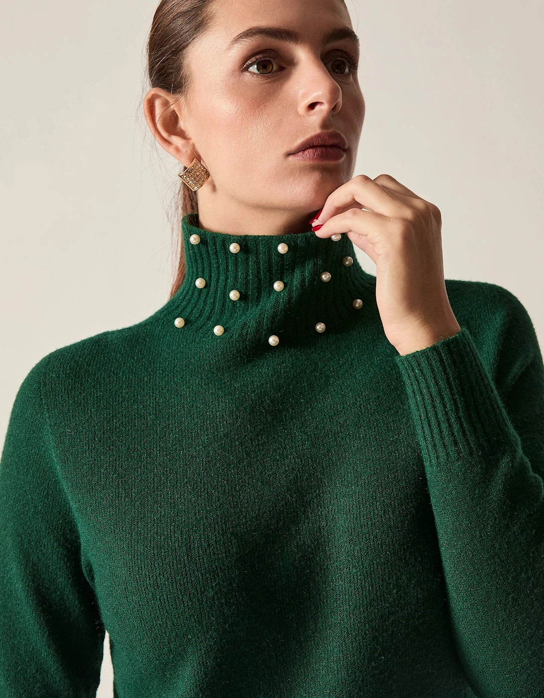 Green Pearl-Embellished High-Neck Jumper