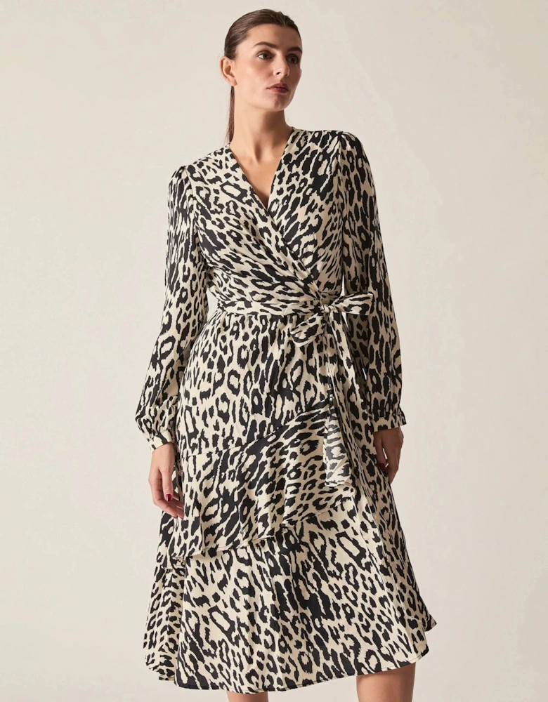 Black and Cream Animal Print Ruffle Wrap Midi Dress