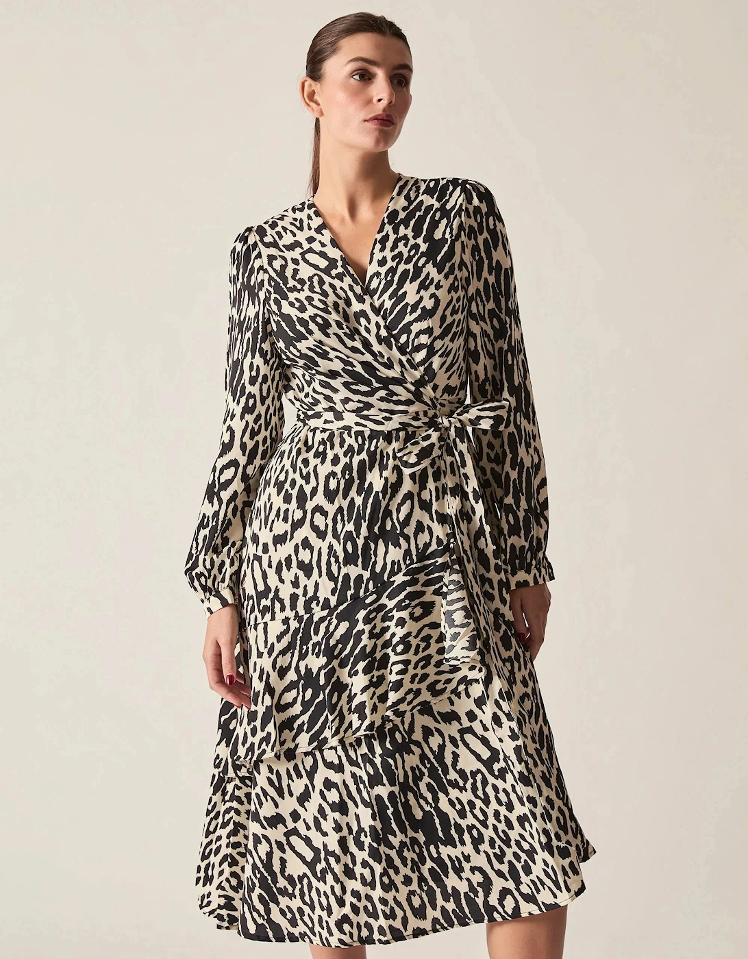 Black and Cream Animal Print Ruffle Wrap Midi Dress