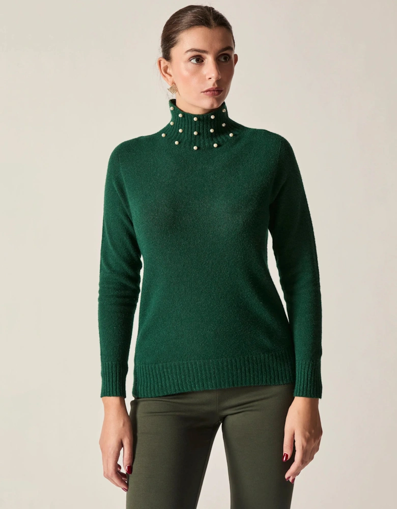 Green Pearl-Embellished High-Neck Jumper
