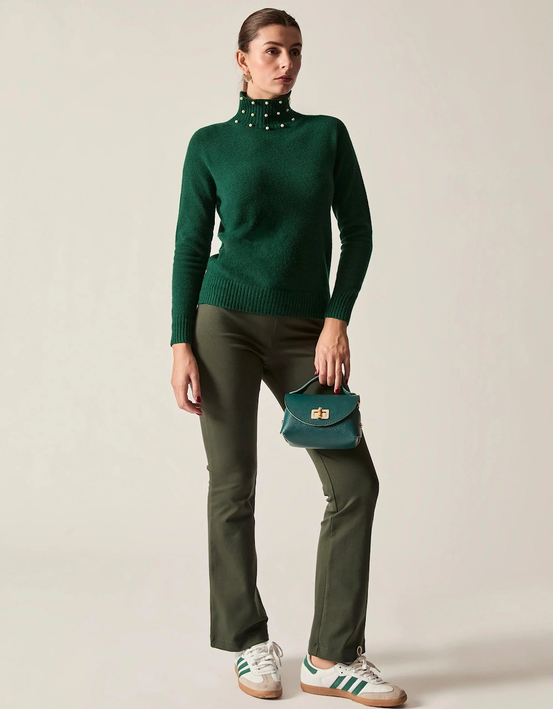 Green Pearl-Embellished High-Neck Jumper