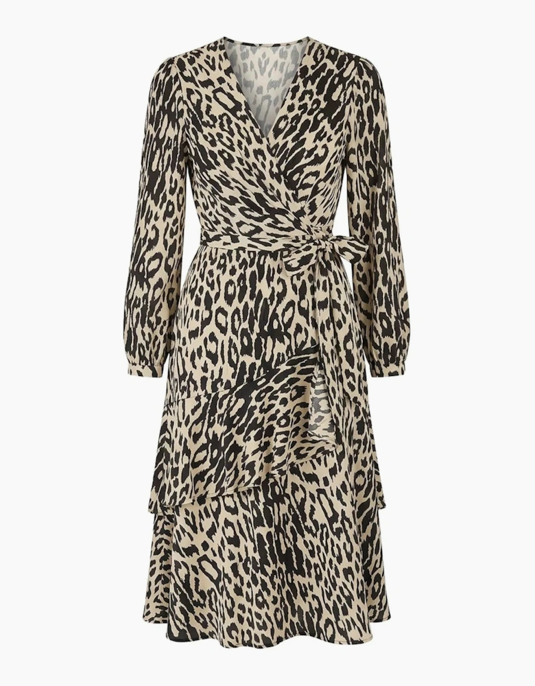 Black and Cream Animal Print Ruffle Wrap Midi Dress