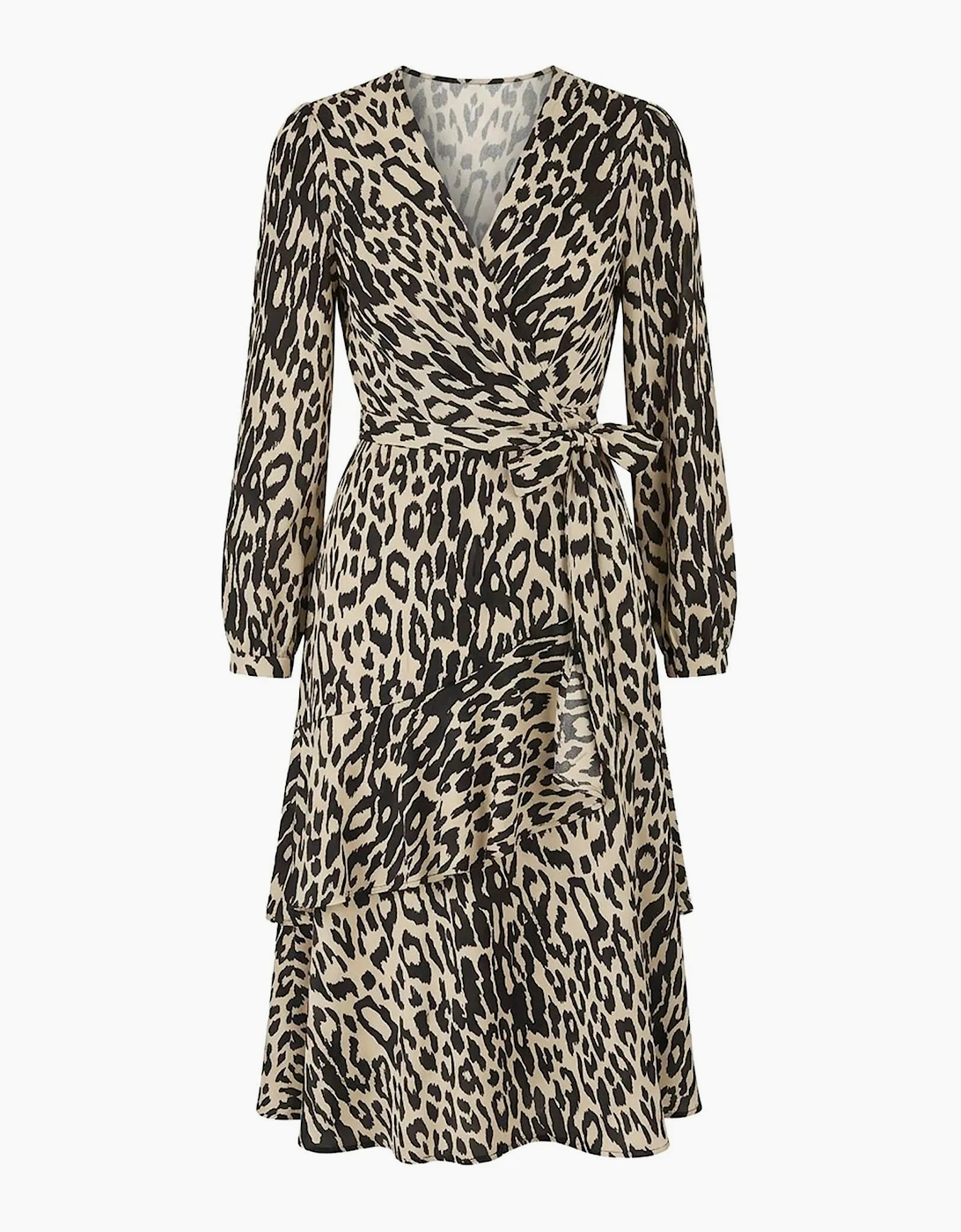 Black and Cream Animal Print Ruffle Wrap Midi Dress