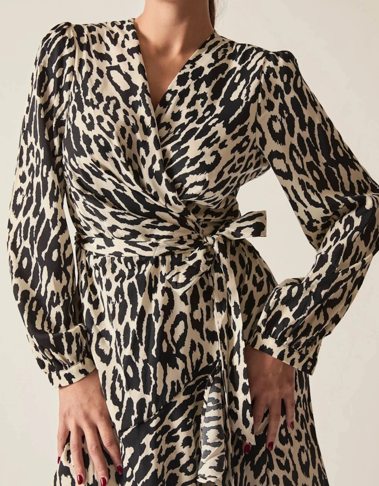 Black and Cream Animal Print Ruffle Wrap Midi Dress
