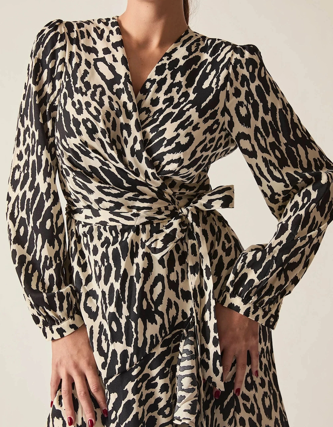 Black and Cream Animal Print Ruffle Wrap Midi Dress