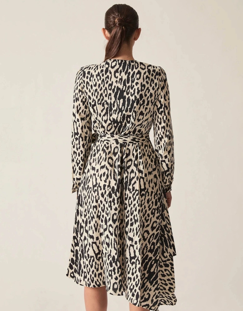 Black and Cream Animal Print Ruffle Wrap Midi Dress