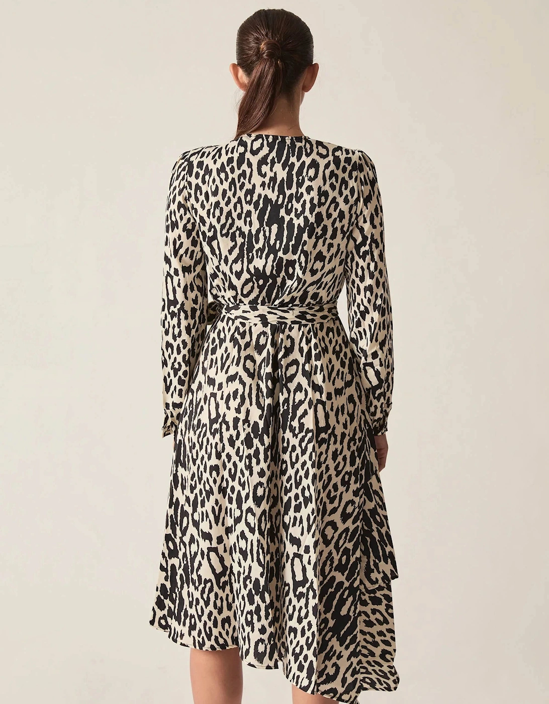 Black and Cream Animal Print Ruffle Wrap Midi Dress