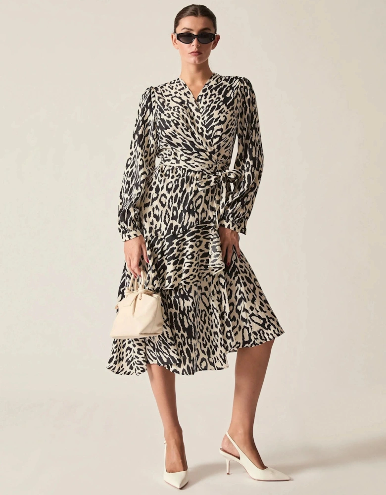 Black and Cream Animal Print Ruffle Wrap Midi Dress