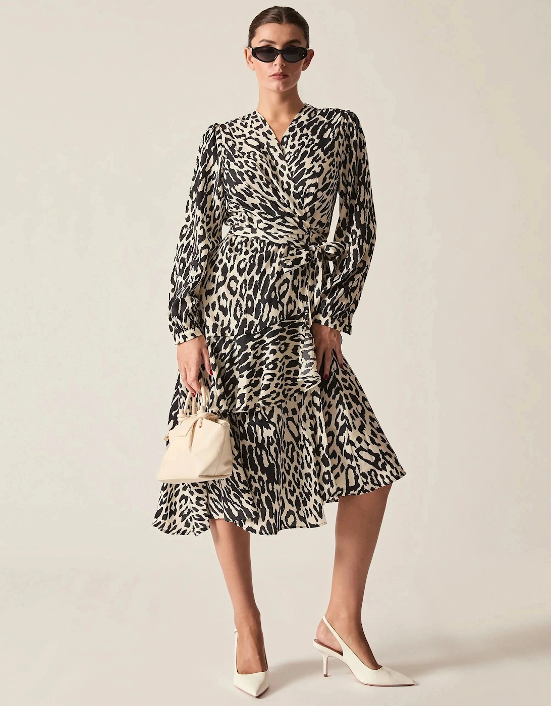 Black and Cream Animal Print Ruffle Wrap Midi Dress