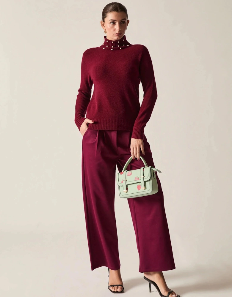 Burgundy Pearl-Embellished High-Neck Jumper