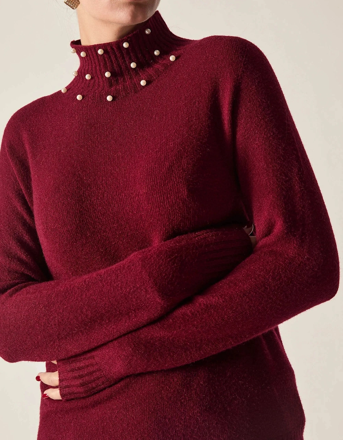 Burgundy Pearl-Embellished High-Neck Jumper
