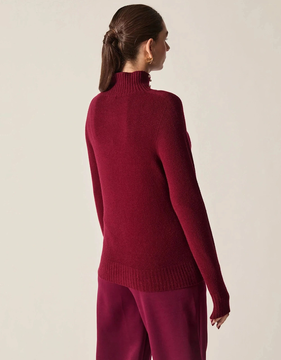 Burgundy Pearl-Embellished High-Neck Jumper