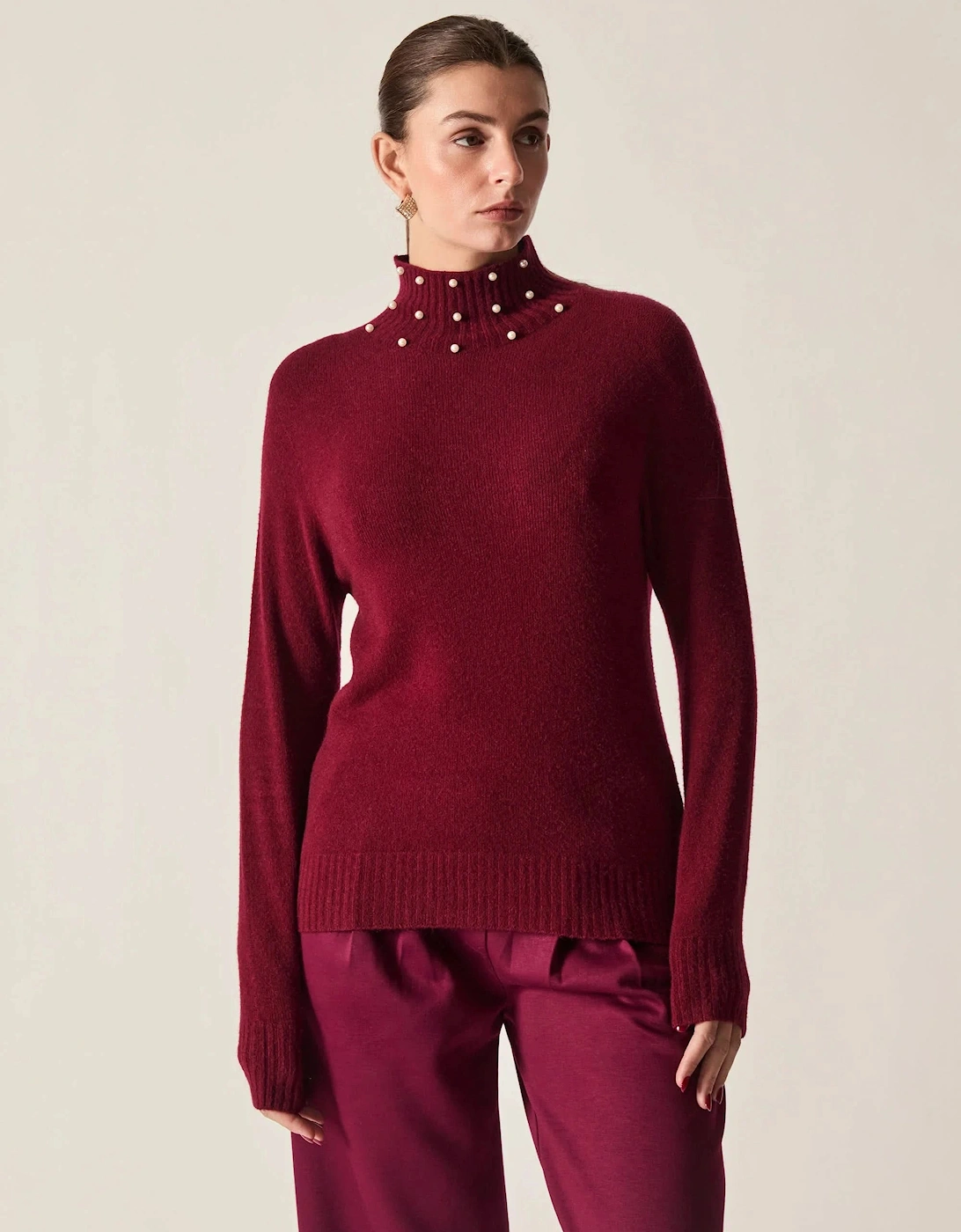 Burgundy Pearl-Embellished High-Neck Jumper