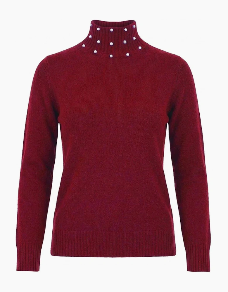 Burgundy Pearl-Embellished High-Neck Jumper