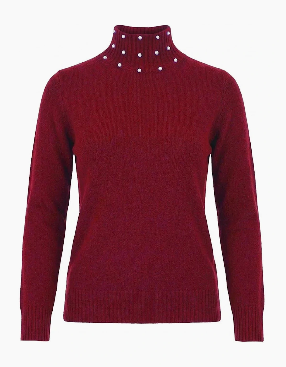 Burgundy Pearl-Embellished High-Neck Jumper