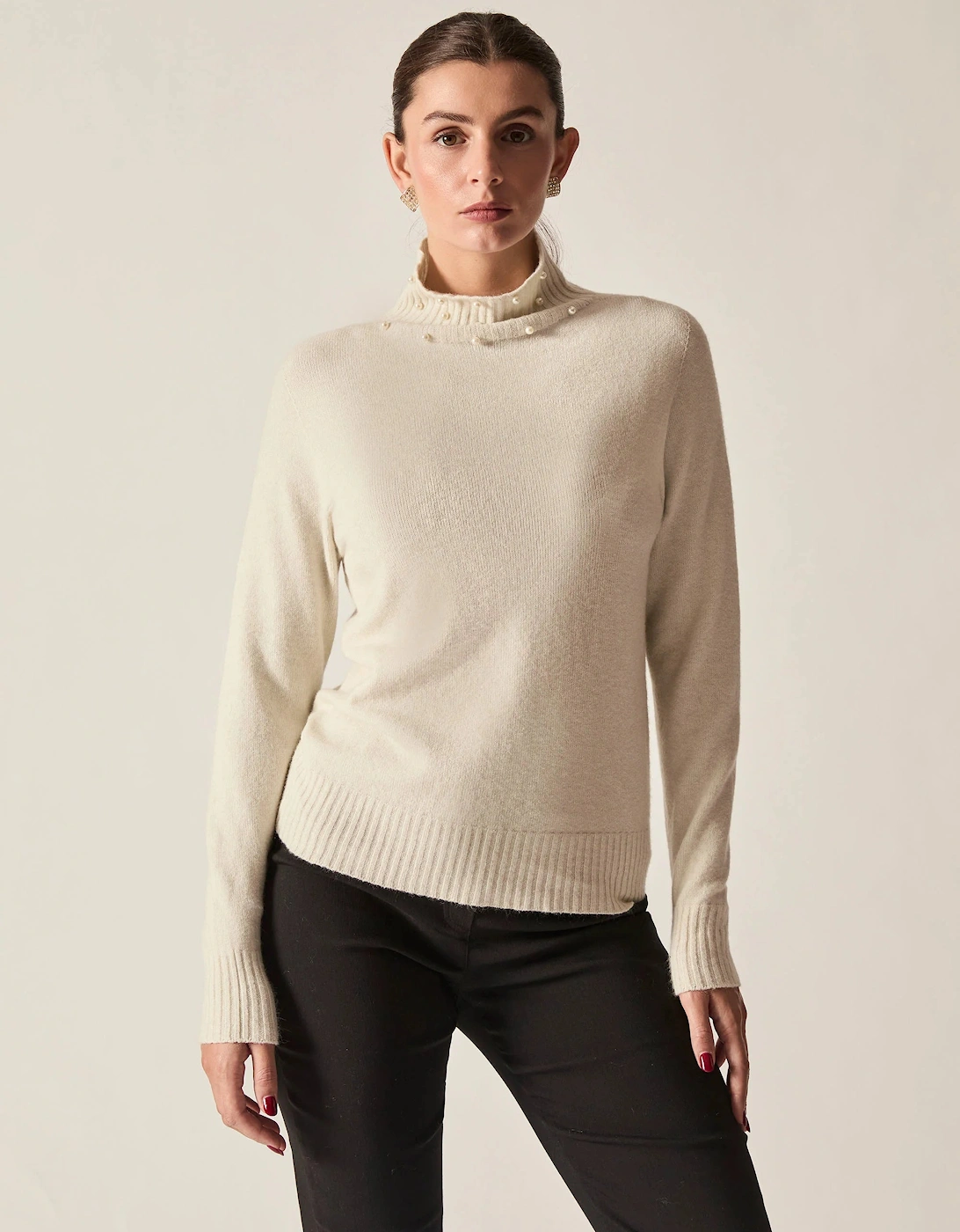 Beige Pearl-Embellished High-Neck Jumper