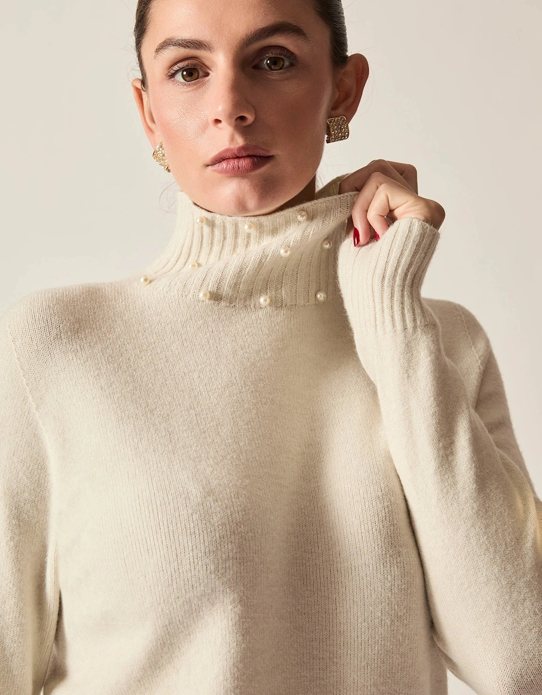 Beige Pearl-Embellished High-Neck Jumper