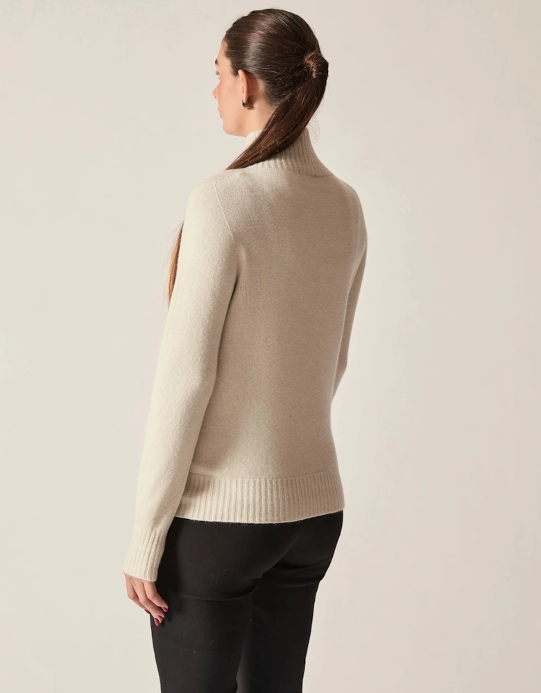 Beige Pearl-Embellished High-Neck Jumper