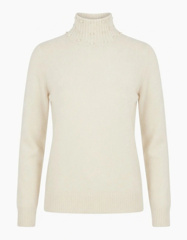 Beige Pearl-Embellished High-Neck Jumper