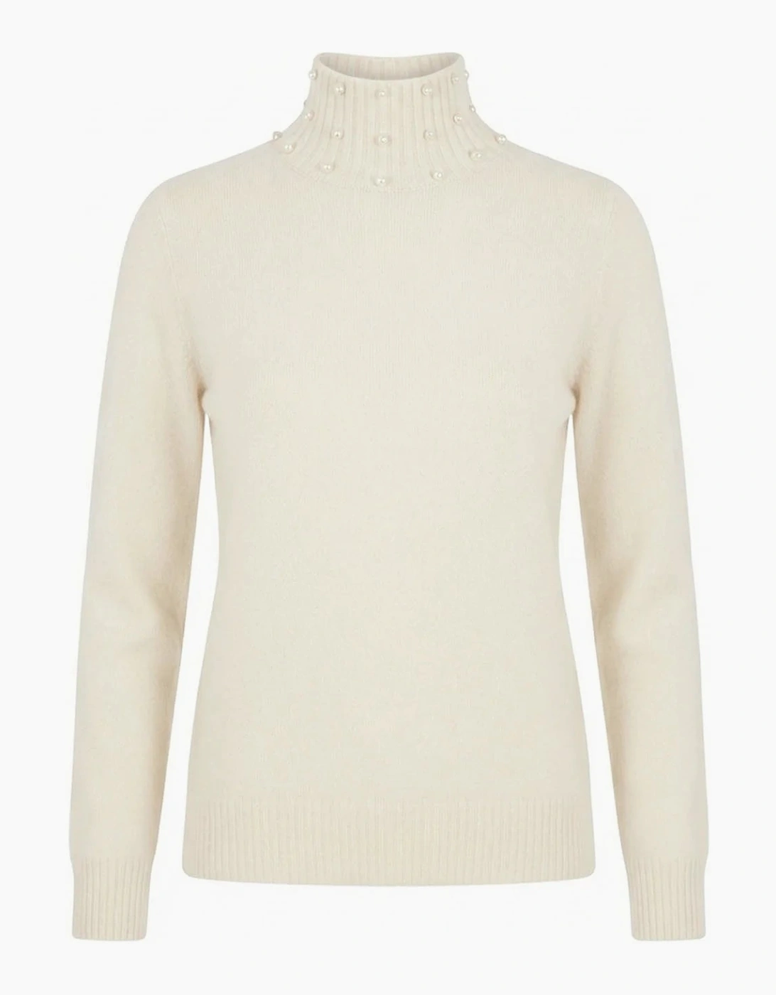 Beige Pearl-Embellished High-Neck Jumper