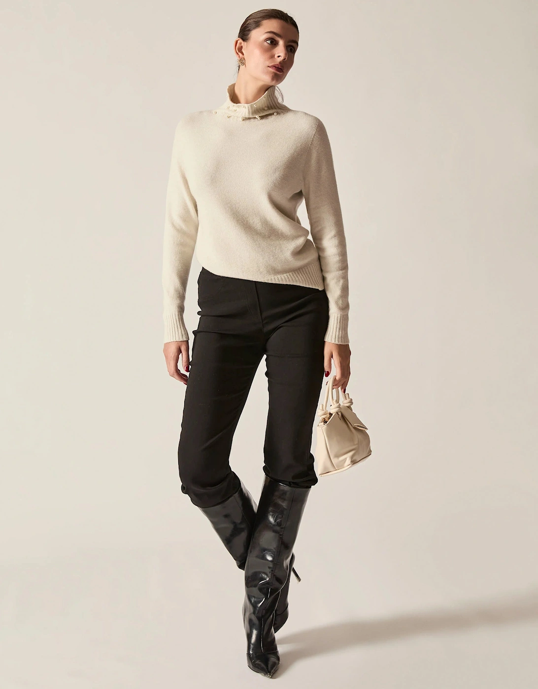 Beige Pearl-Embellished High-Neck Jumper