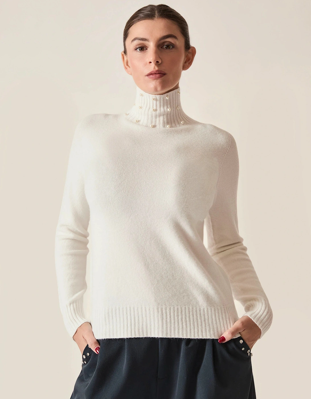 Cream Pearl-Embellished High-Neck Jumper