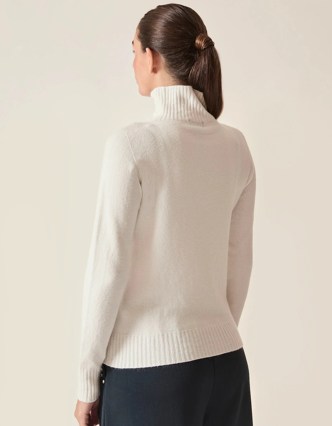 Cream Pearl-Embellished High-Neck Jumper