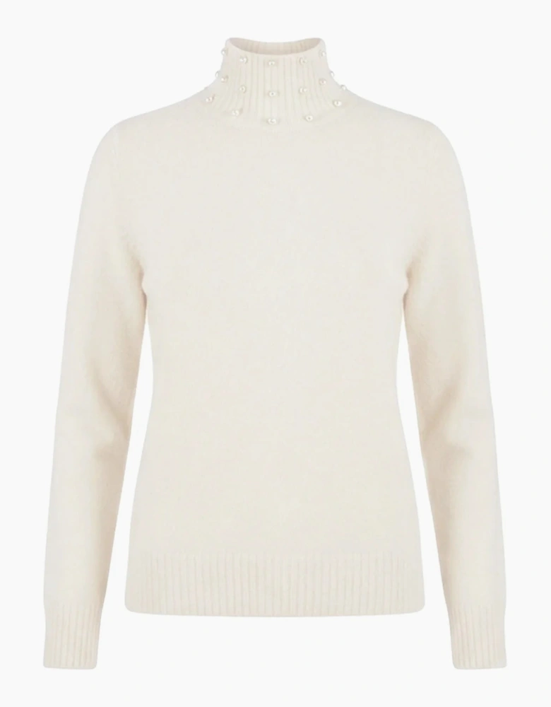 Cream Pearl-Embellished High-Neck Jumper
