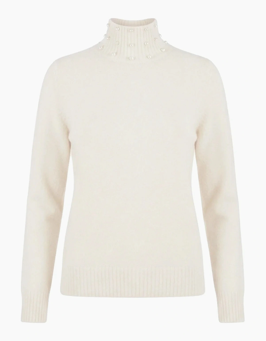 Cream Pearl-Embellished High-Neck Jumper