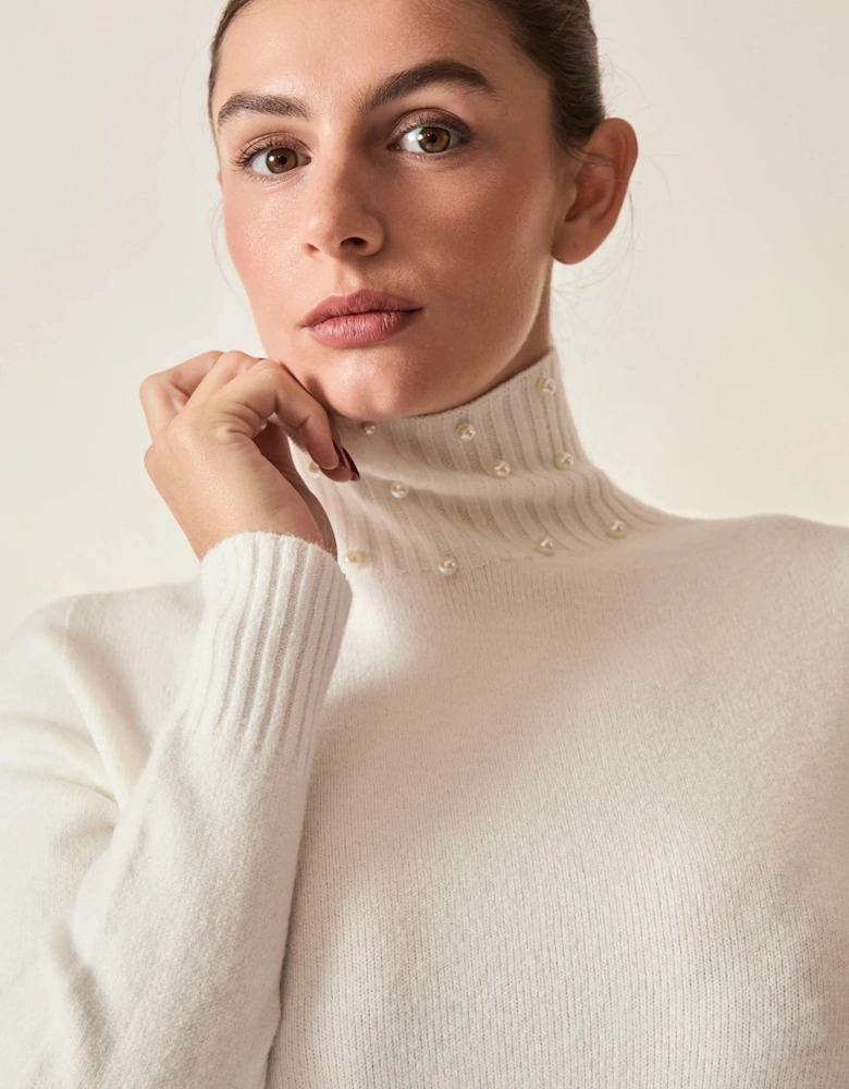Cream Pearl-Embellished High-Neck Jumper