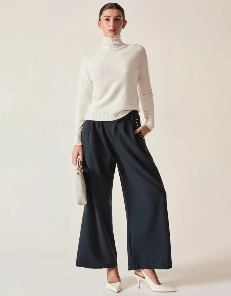 Cream Pearl-Embellished High-Neck Jumper