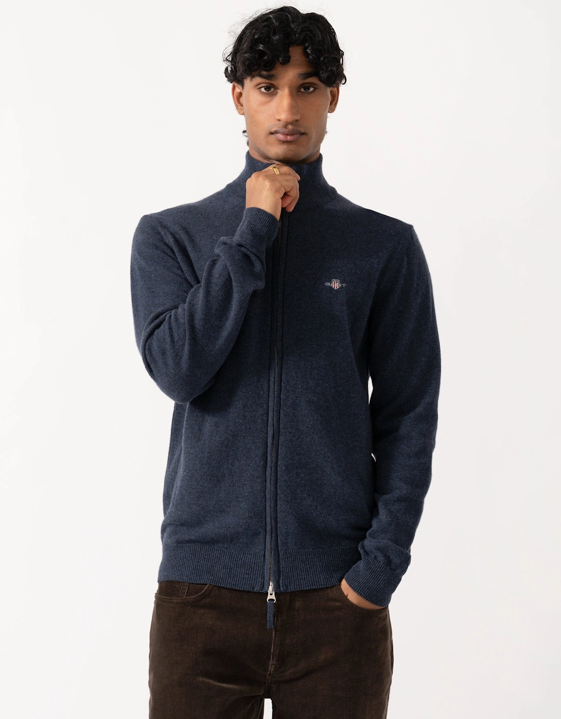 Men's GANT Mens Superfine Lambswool Full Zip Sweater - 480 Dark Navy Melange - Size: M