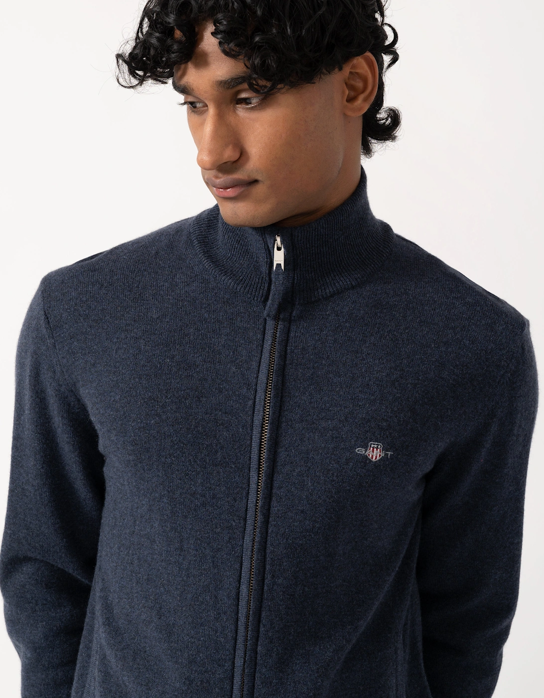 GANT Mens Superfine Lambswool Full Zip Sweater - 480 Dark Navy Melange