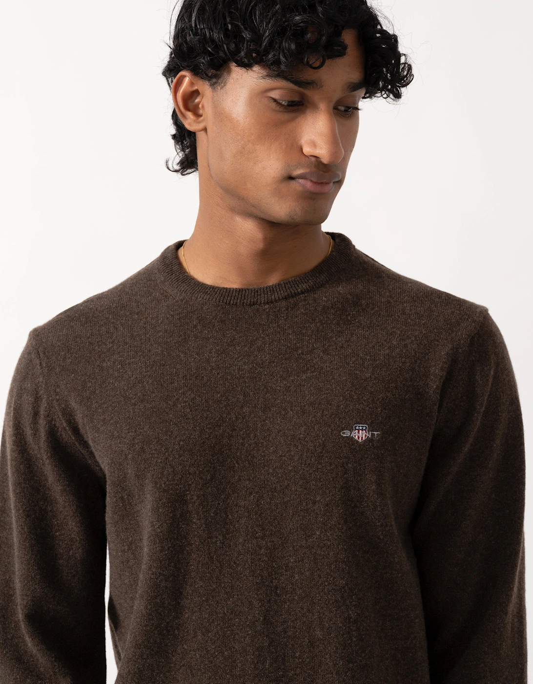 GANT Mens Superfine Lambswool Crew Neck Sweater - 280 Dark Brown Melange