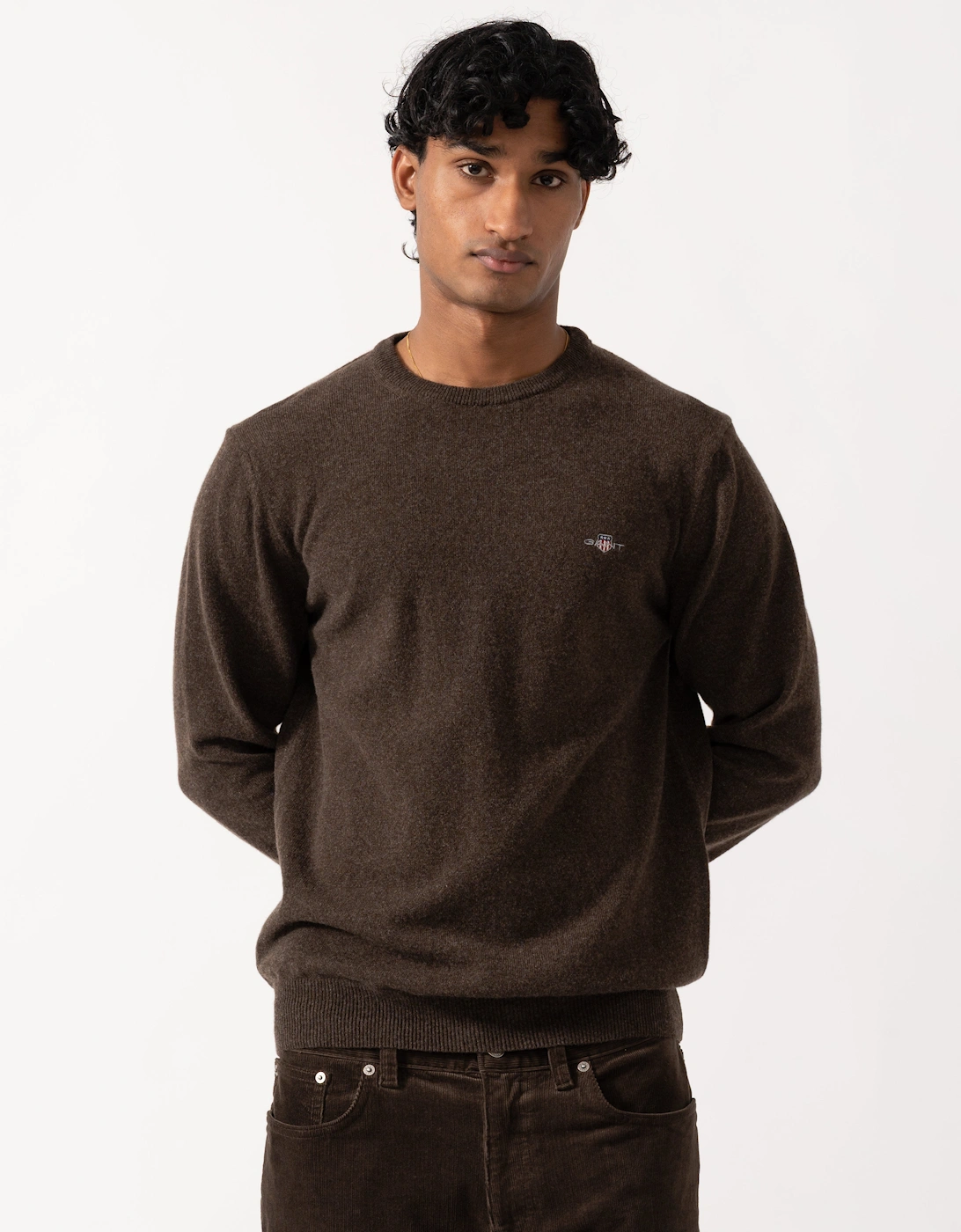 GANT Mens Superfine Lambswool Crew Neck Sweater - 280 Dark Brown Melange