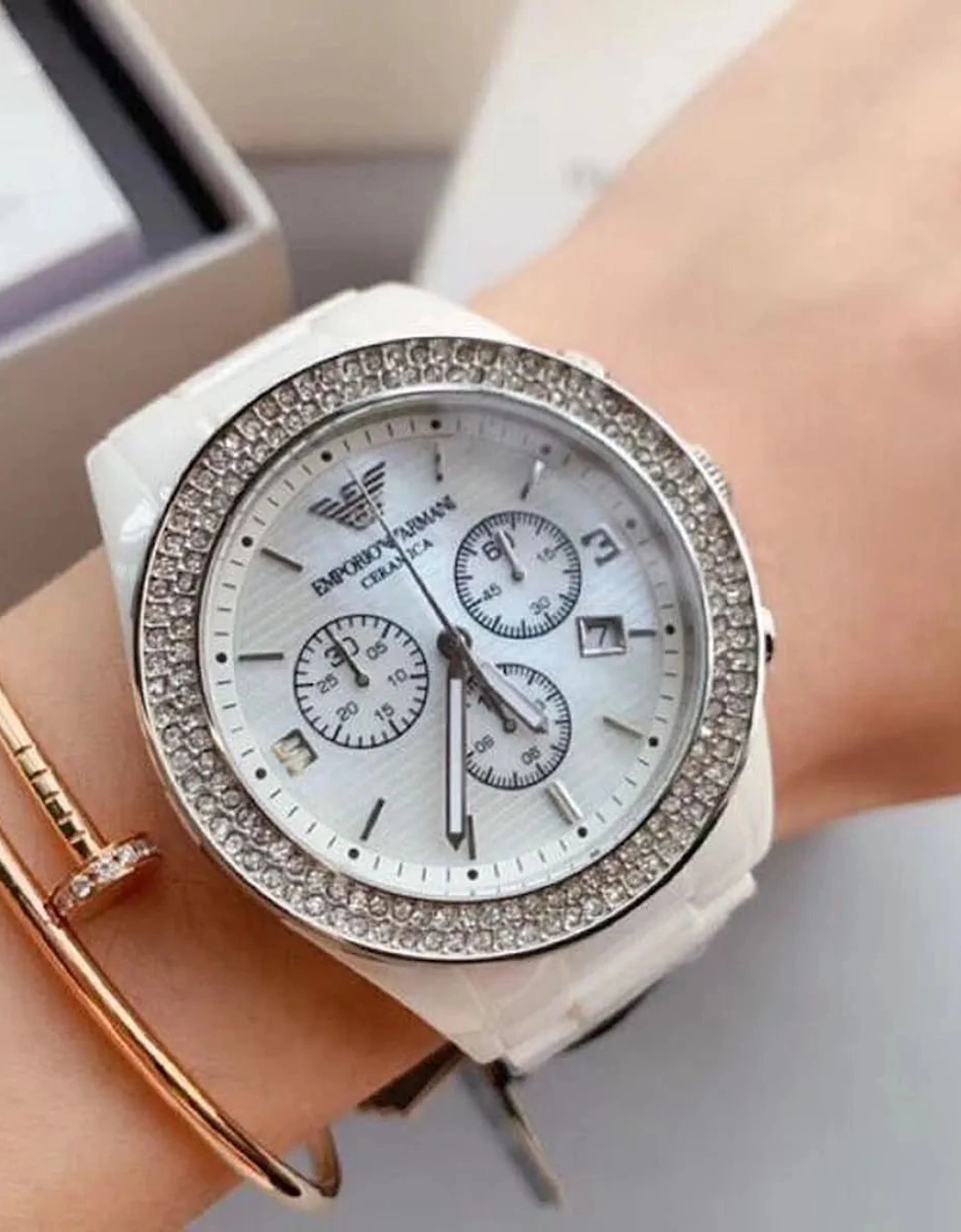 Emporio Armani AR1456 White Crystal Ceramic Ladies Watch